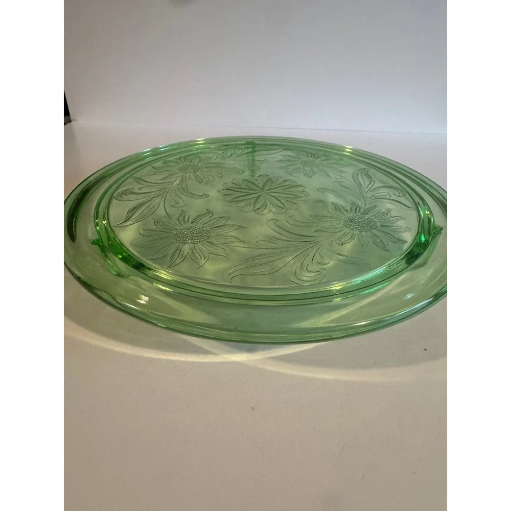 Vintage Uranium Depression Glass Cake Plate Floral Pattern Footed Glows Under UV